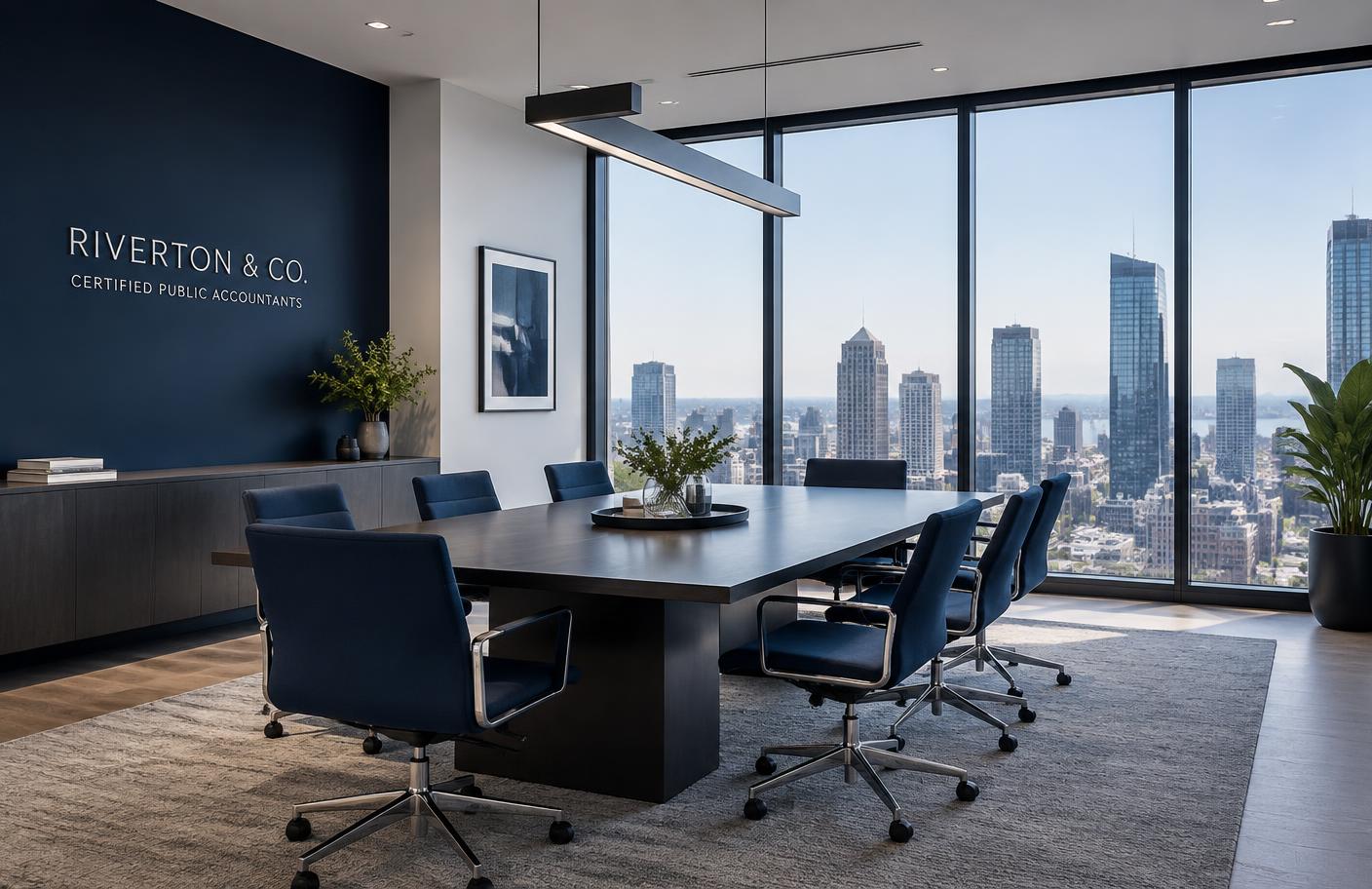 Modern accounting firm boardroom overlooking the city